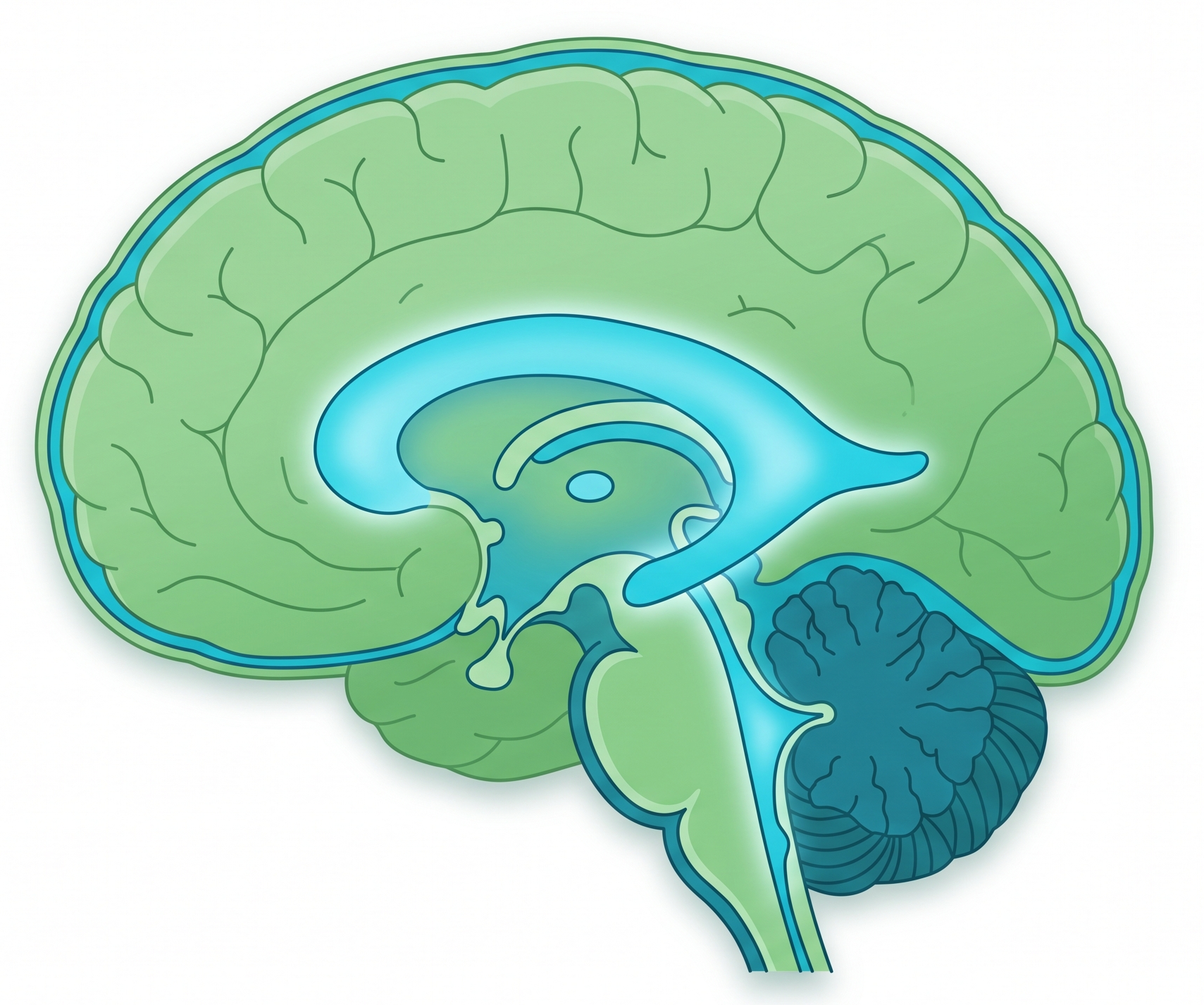 Sagittal view of the brain showing cerebrospinal fluid in the ventricular system